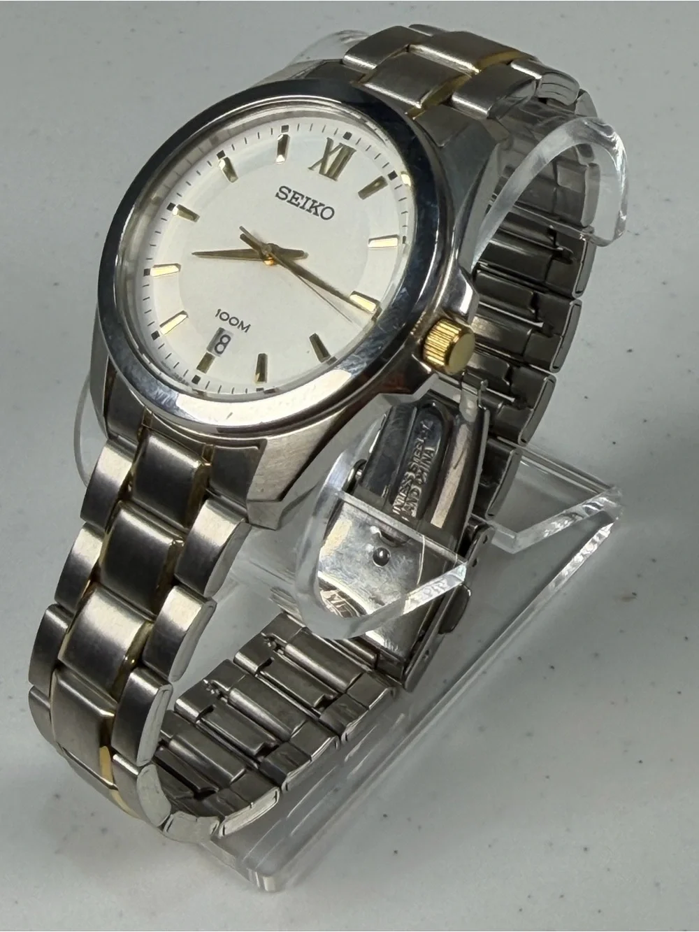 Seiko 7N42-0JF0 Men’s 100M Quartz White Dial Two Tone Japan Watch Runs